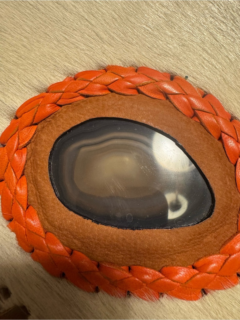 Tan Leather Shoulder Bag with Cream Haircalf Flap, with real Agate - Picture 8 of 8